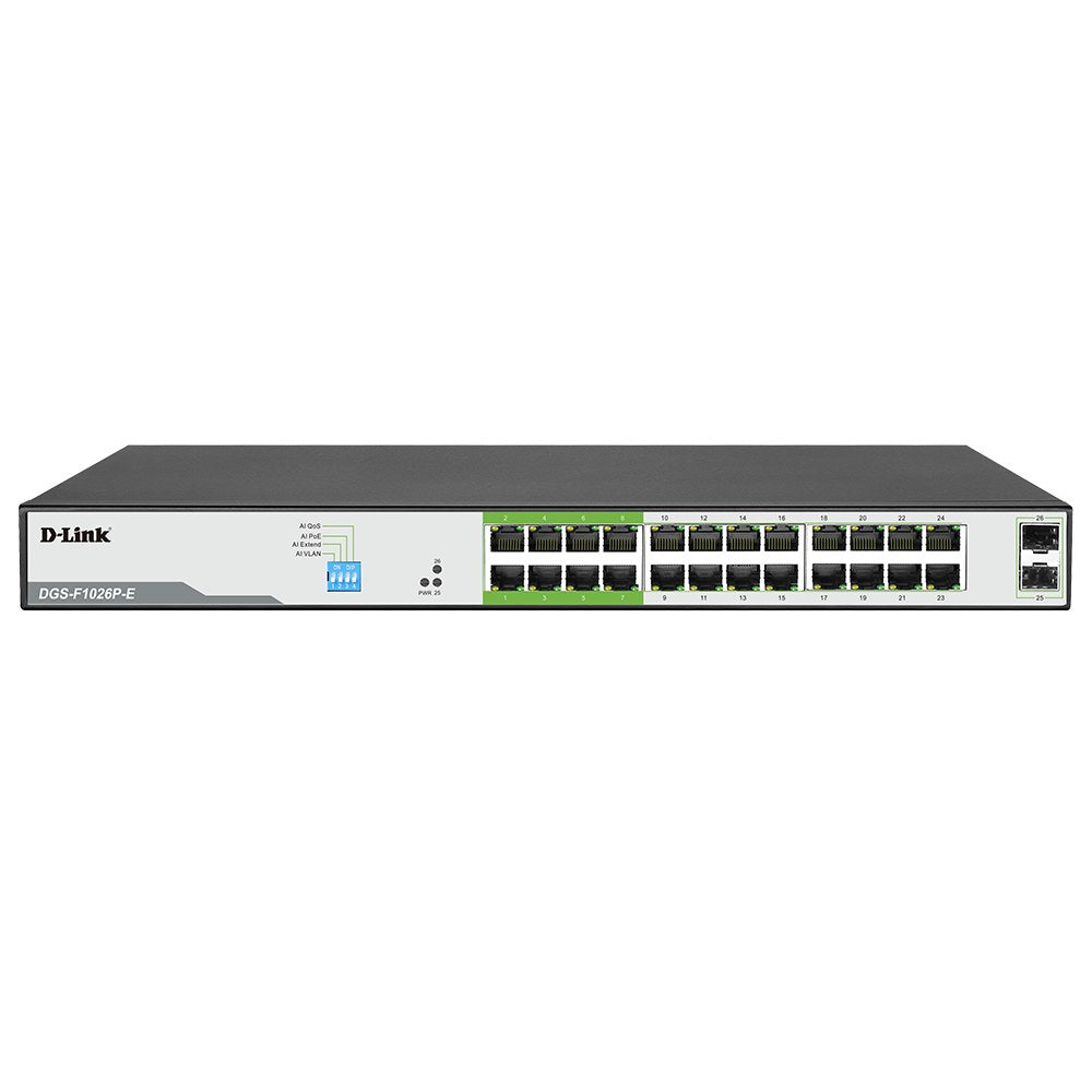 DES-F1026P-E+Q - D-Link 26-Port Long Range PoE Switch with 24 PoE Ports and 2 Gigabit Uplink Ports