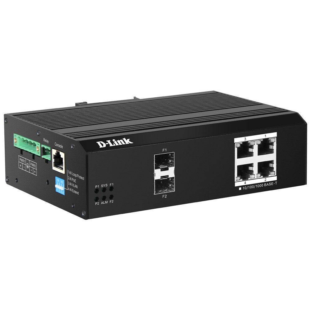 DIS-F200G-6PS-E - D-Link 6-Port Gigabit Industrial Smart Managed PoE+ Switch with 4 Long Reach PoE+ Ports (120W) and 2 SFP Po