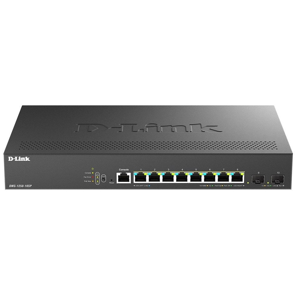 DMS-1250-10SP - D-Link 10-Port Multi-Gigabit Smart Managed PoE+ Switch with 8 2.5G PoE+ Ports and 2 10G SFP+ Ports (240W)