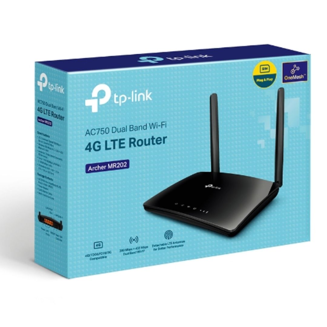 TP-Link Archer MR202 AC750 Wireless Dual Band 4G LTE Router 574Mbps @2.4GHz + 2402Mbps @5GHz + 2402Mbps @6GHz. 2— External SMA-F Antenna IntF By TP-LINK - Buy Now - AU $129.17 At The Tech Geeks Australia