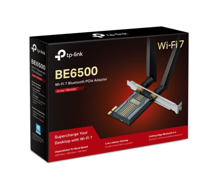 TP-Link Archer TBE400E BE6500 Wi-Fi 7 Bluetooth 5.4 PCIe Adapter, 6GHz@2882 Mbps, 5GHz@2882 Mbps, 2.4GHz@688 Mbps (wifi7) (NIC) By TP-LINK - Buy Now - AU $85.89 At The Tech Geeks Australia