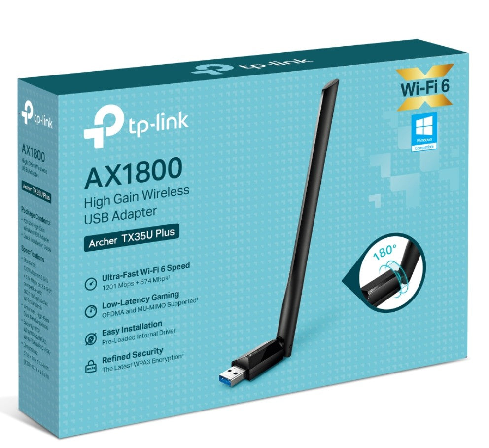 TP-Link Archer TX35U Plus AX1800 High Gain Wireless USB Adapter, 1201 Mbps at 5 GHz + 574 Mbps at 2.4 GHz, 1— High Gain External Antenna, USB 3.0
FEA By TP-LINK - Buy Now - AU $55.48 At The Tech Geeks Australia