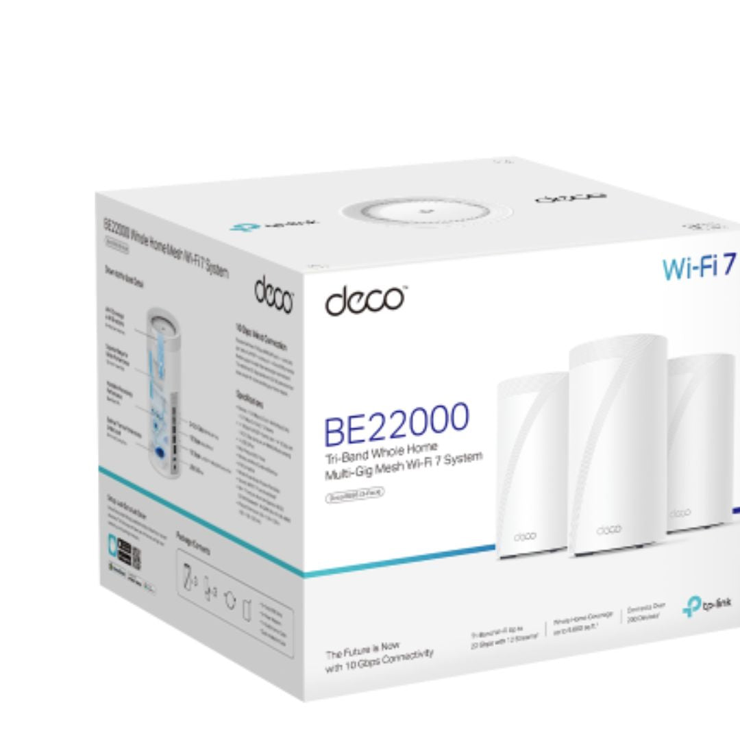 TP-Link Deco BE85(3-pack) BE22000 Tri-Band Whole Home Mesh Wi-Fi 7 System (WIFI7) 1376 Mbps at 2.4 GHz + 8640 Mbps at 5 GHz + 11520 Mbps at 6 GHz By TP-LINK - Buy Now - AU $2659.71 At The Tech Geeks Australia