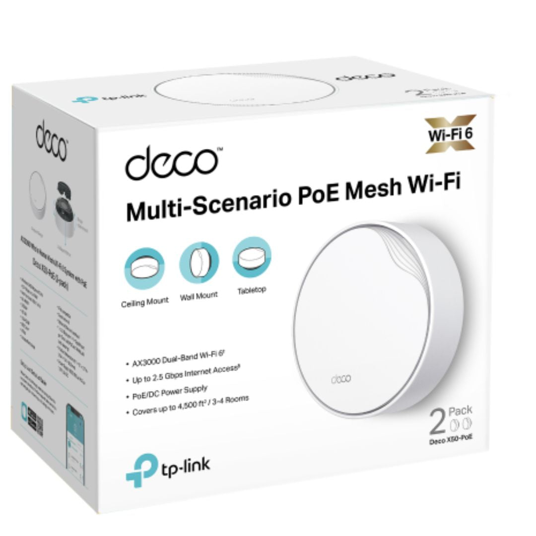 TP-Link Deco X50-PoE(2-pack) AX3000 Whole Home Mesh WiFi 6 System with PoE, 574 Mbps at 2.4 GHz + 2402 Mbps at 5 GHz By TP-LINK - Buy Now - AU $319.92 At The Tech Geeks Australia