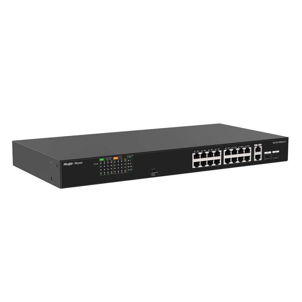 RG-ES118FGS-LP - Ruijie Reyee 16 Fast Ethernet + 2 Gigabit SFP Combo Unmanaged Switch with 16 Port PoE+ 120W PoE Budget
