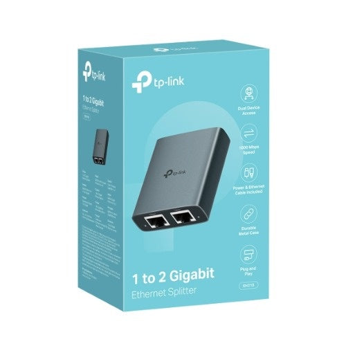 EH210 - TP-Link 1 to 2 Gigabit Ethernet Splitter, 1Gbps, 3 x RJ45 Ports, USB-C Power, Aluminium Alloy Case