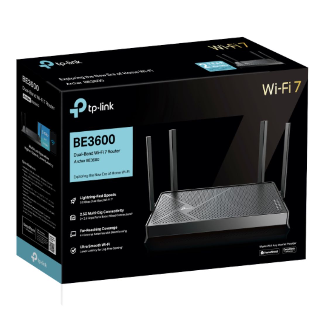 TP-Link Archer BE3600 BE3600 Dual-Band Wi-Fi 7 Router (WIFI7) 1148 Mbps at 2.4 GHz + 4804 Mbps at 5 GHz, 8— Antennas, 2.0 GHz Quad- Core CPU, 1*2.5Gbp By TP-LINK - Buy Now - AU $231.78 At The Tech Geeks Australia