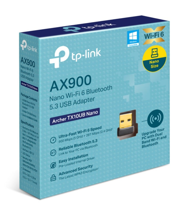 TP-Link Archer TX10UB Nano AX900 Nano Wi-Fi 6 Bluetooth 5.3 USB Adapter,  600 Mbps at 5 GHz + 287 Mbps at 2.4 GHz ,  Internal Antennas, USB 2.0 By TP-LINK - Buy Now - AU $29.84 At The Tech Geeks Australia