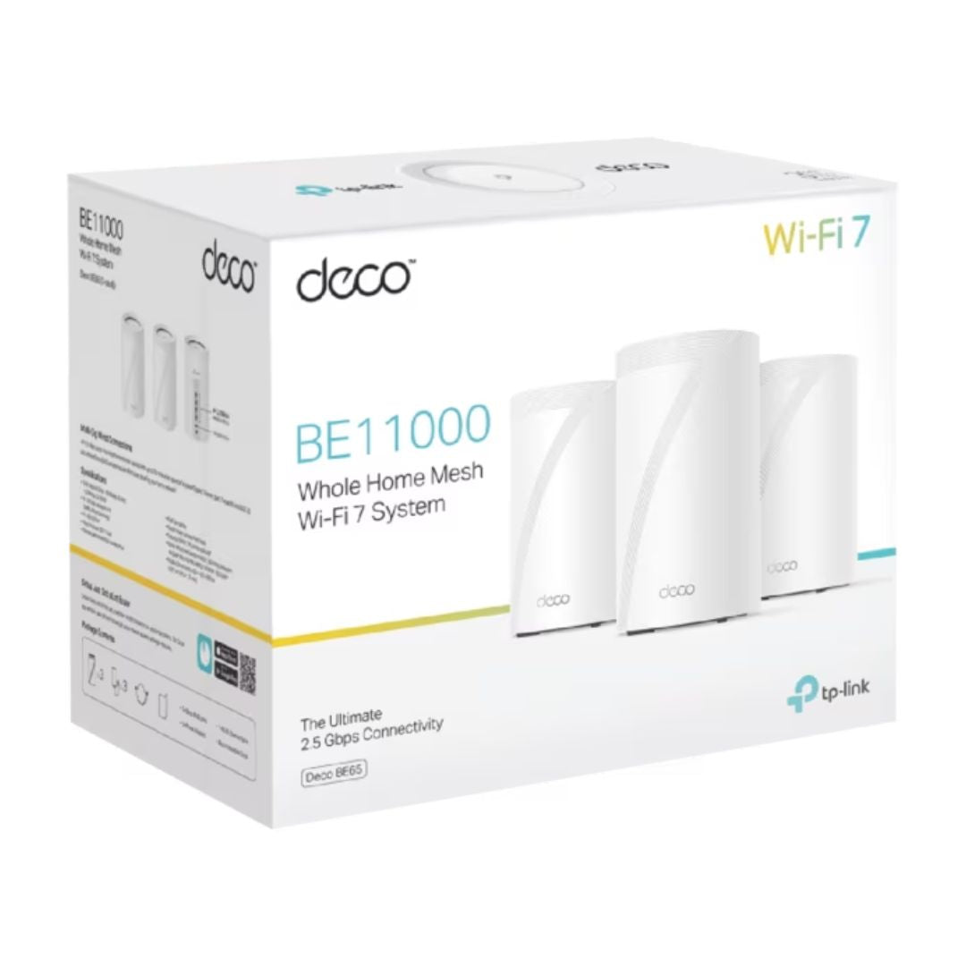 TP-Link Deco BE65(3-pack) BE11000 Whole Home Mesh Wi-Fi 7 System (WIFI7) , 574 Mbps at 2.4 GHz + 4320 Mbps at 5 GHz + 5760 Mbps at 6 GHz By TP-LINK - Buy Now - AU $1046.21 At The Tech Geeks Australia