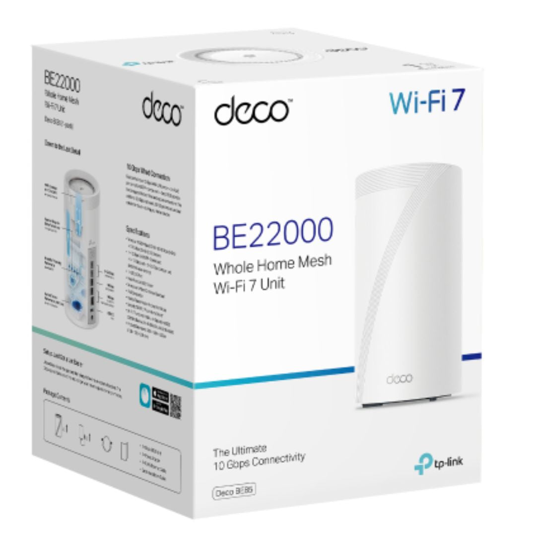TP-Link Deco BE85(1-pack) BE22000 Tri-Band Whole Home Mesh Wi-Fi 7 System (WIFI7), 1376 Mbps at 2.4 GHz + 8640 Mbps at 5 GHz + 11520 Mbps at 6 GHz By TP-LINK - Buy Now - AU $1046.21 At The Tech Geeks Australia