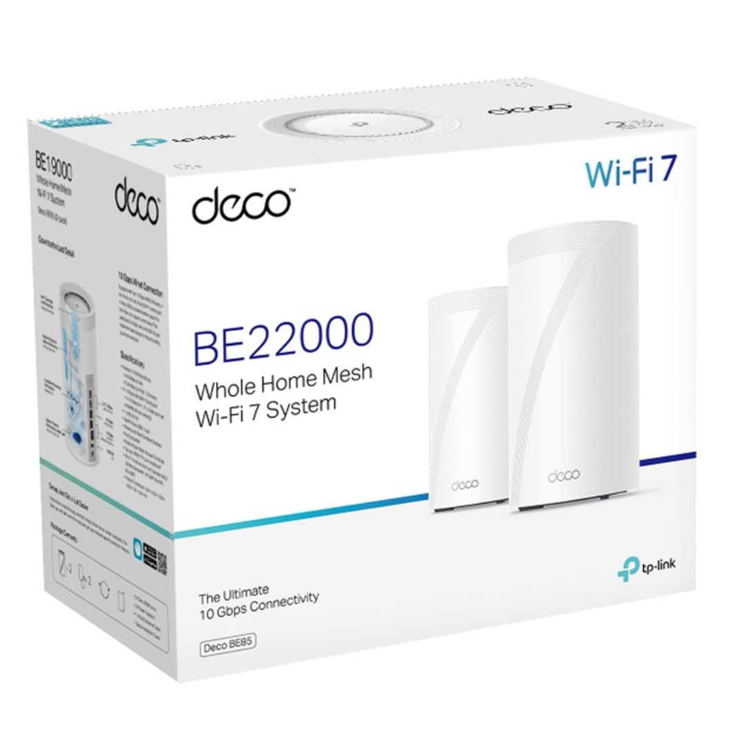 TP-Link Deco BE85(2-pack) BE22000 Tri-Band Whole Home Mesh Wi-Fi 7 System (WiFI7), 1376 Mbps at 2.4 GHz + 8640 Mbps at 5 GHz + 11520 Mbps at 6 GHz By TP-LINK - Buy Now - AU $1998.13 At The Tech Geeks Australia