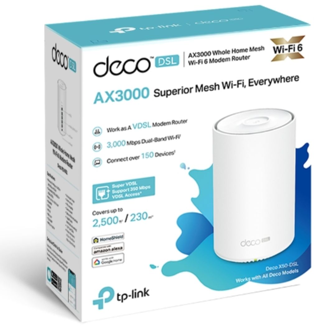 TP-Link Deco X50-DSL(1-pack) AX3000 VDSL Whole Home Mesh WiFi 6 Router, 574 Mbps at 2.4 GHz + 2402 Mbps at 5 GHz, VDSL Profile 35b 350/60 Mbps By TP-LINK - Buy Now - AU $231.78 At The Tech Geeks Australia
