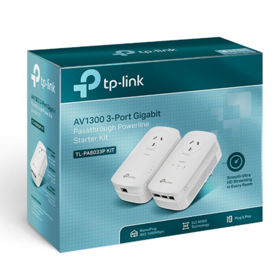 TP-Link TL-PA8033P KIT AV1300Â PassthroughÂ PowerlineÂ KIT, Qualcomm, 3 GigabitÂ Ports, 1300Mbps Powerline, 2*2 MIMO,  HomePlug AV2, New PLC Utility, Twin By TP-LINK - Buy Now - AU $166.61 At The Tech Geeks Australia