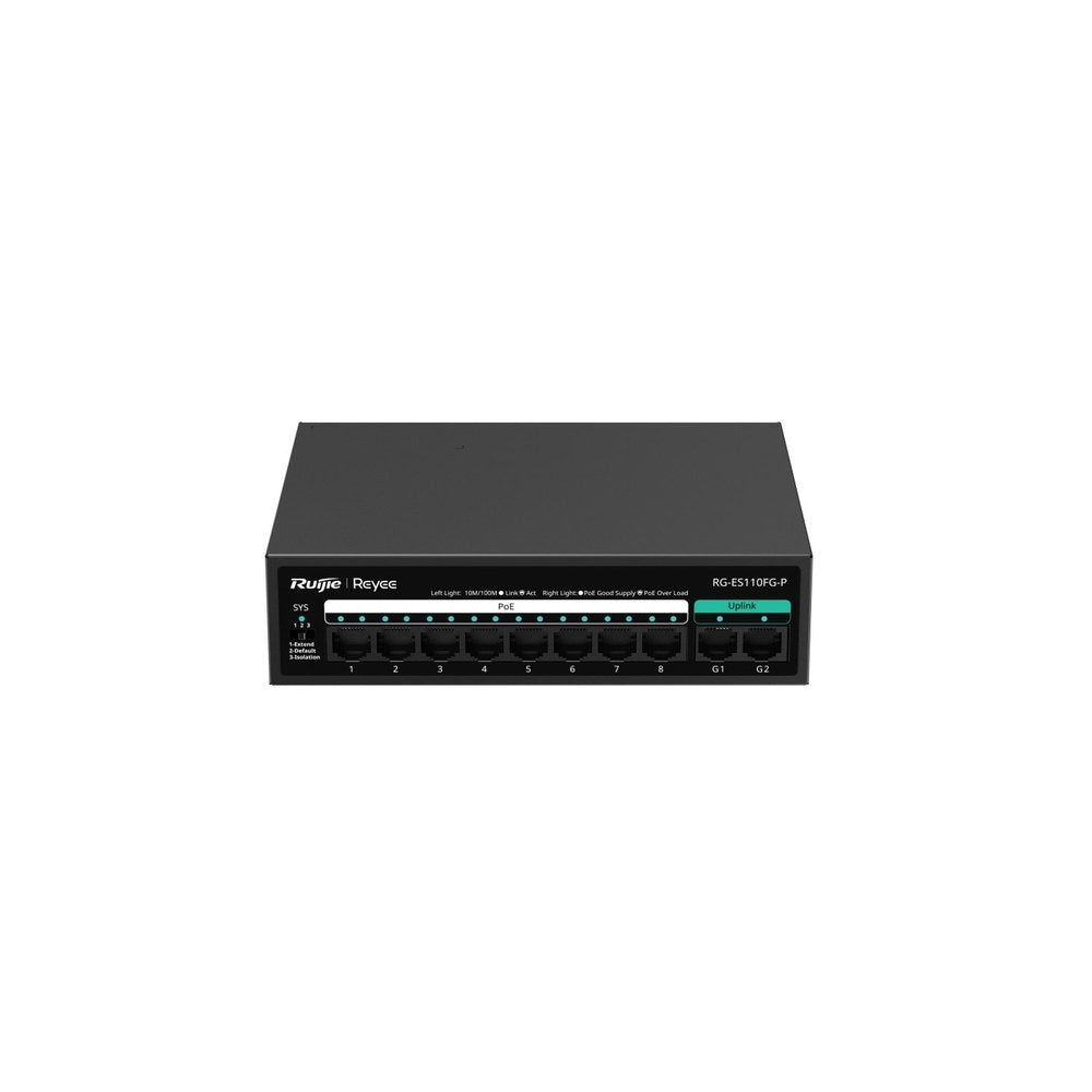 RG-ES110FG-P - Ruijie Reyee 8-Port 10/100Mbps with 2-Port Gigabit Unmanaged PoE Switch, 8 PoE+ Ports (110W), Metal Casing