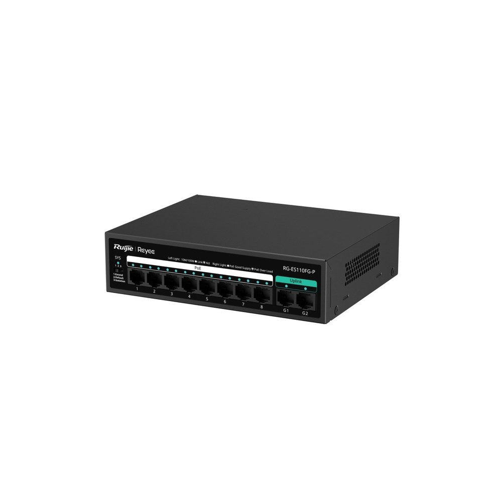 RG-ES110FG-P - Ruijie Reyee 8-Port 10/100Mbps with 2-Port Gigabit Unmanaged PoE Switch, 8 PoE+ Ports (110W), Metal Casing