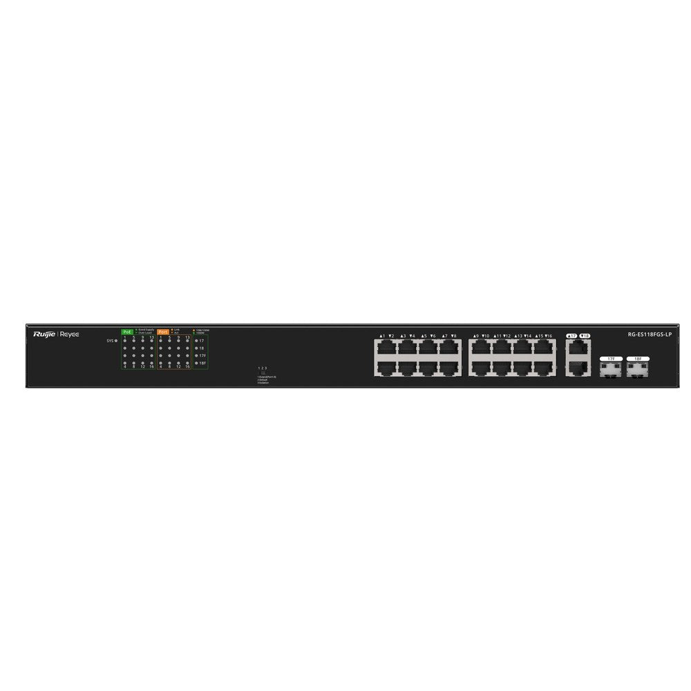 RG-ES118FGS-LP - Ruijie Reyee 16 Fast Ethernet + 2 Gigabit SFP Combo Unmanaged Switch with 16 Port PoE+ 120W PoE Budget