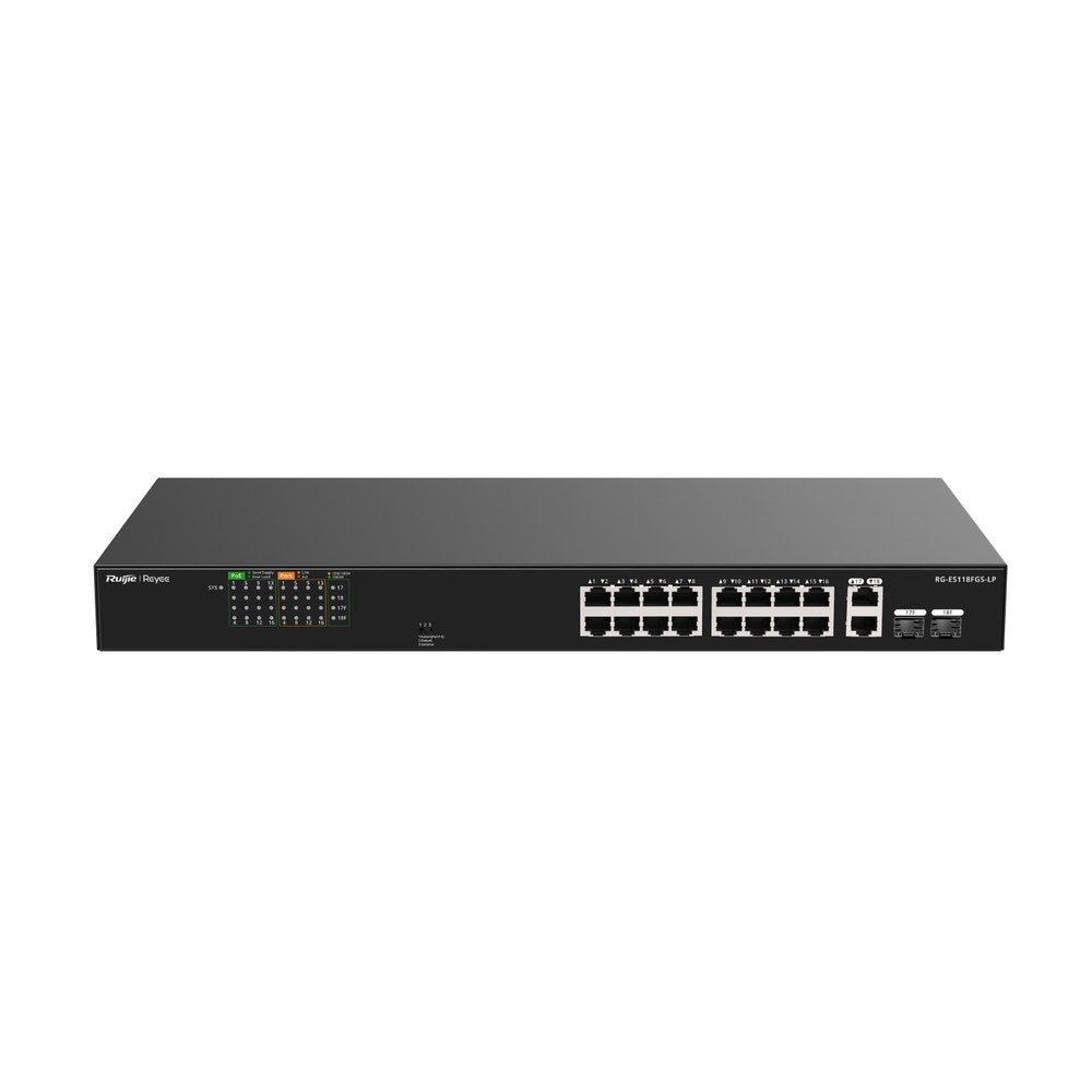 RG-ES118FGS-LP - Ruijie Reyee 16 Fast Ethernet + 2 Gigabit SFP Combo Unmanaged Switch with 16 Port PoE+ 120W PoE Budget