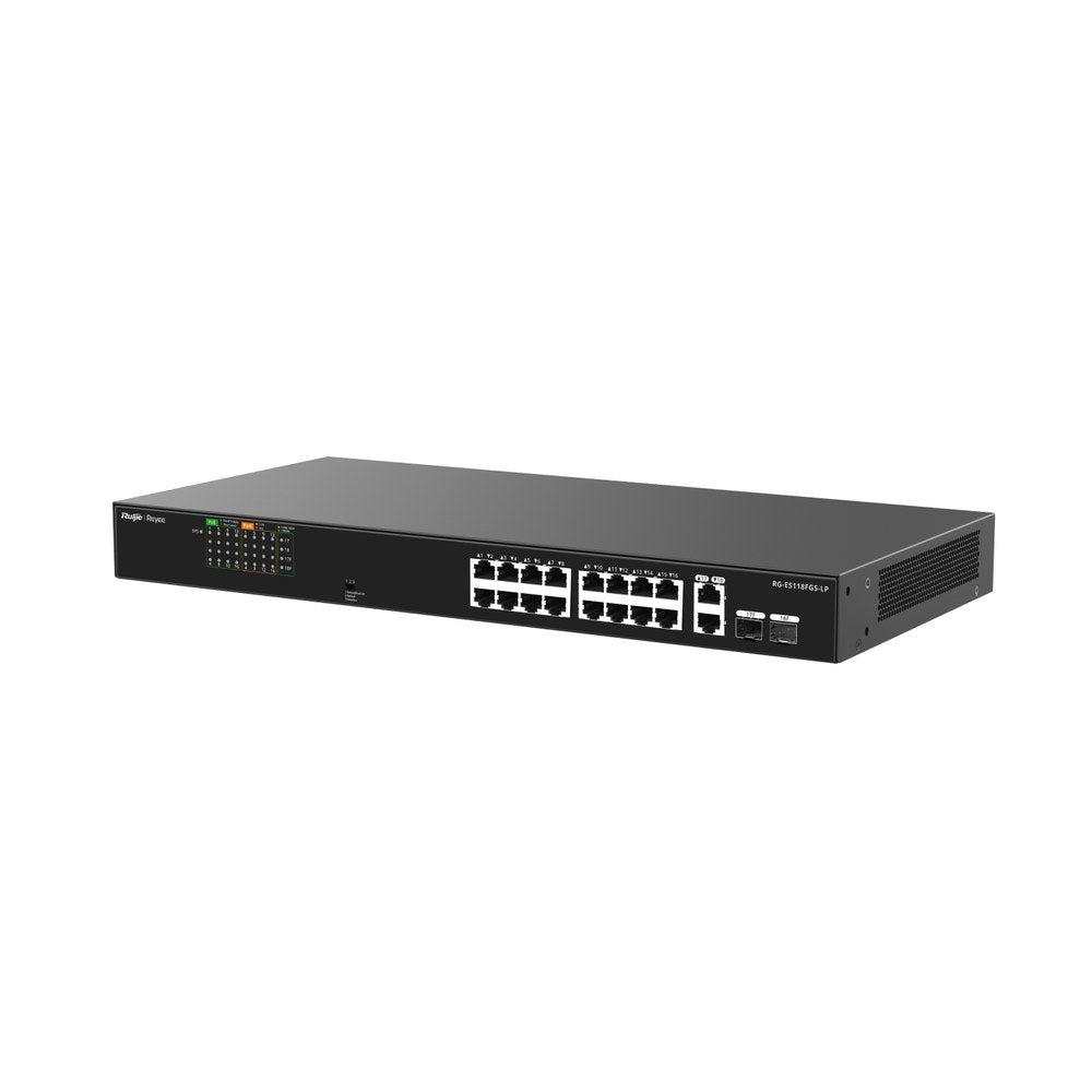 RG-ES118FGS-LP - Ruijie Reyee 16 Fast Ethernet + 2 Gigabit SFP Combo Unmanaged Switch with 16 Port PoE+ 120W PoE Budget