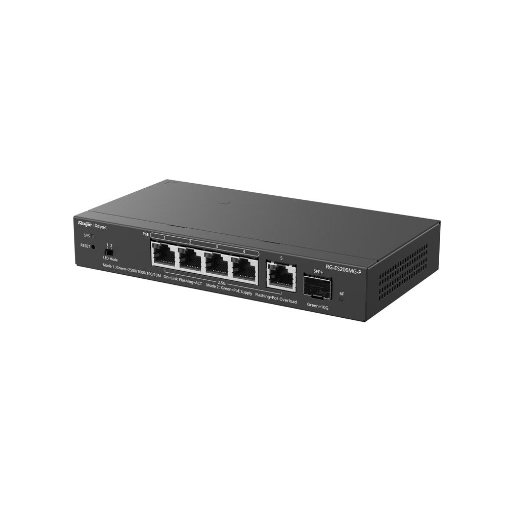 RG-ES206MG-P - Ruijie Reyee ES206MG-P 4-Port 2.5G PoE+ with 1 x 2.5G Port and 1 x SFP+ Port Cloud Managed Switch, 70 W
