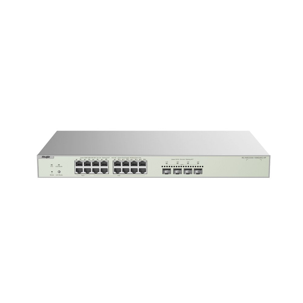 RG-NBS3300-16MG4XS-HP - Ruijie Reyee 16-Port Multi-Gigabit Layer 2 Managed Switch with 4 x PoE++ Ports, 12 x PoE+ Ports and 4 x SFP+ Uplink Ports