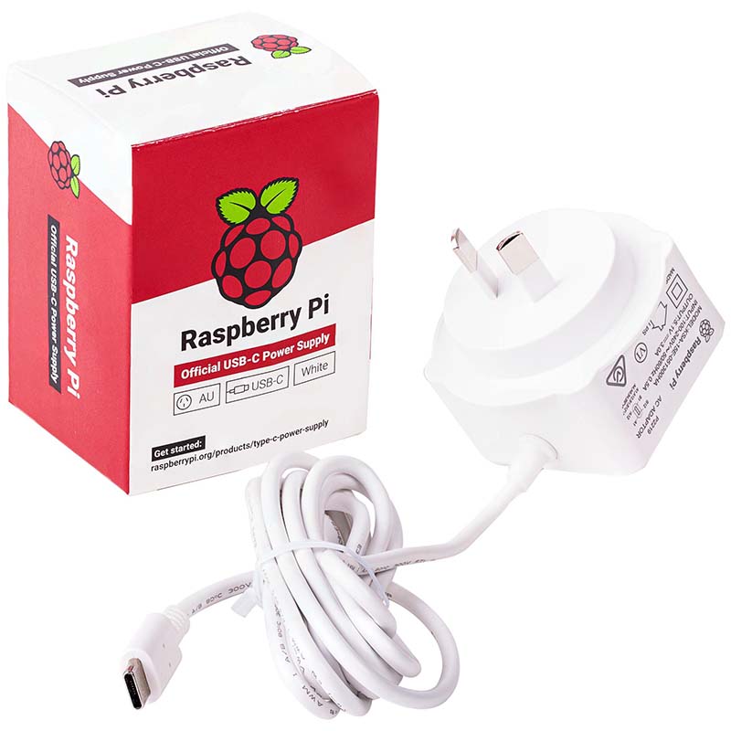 Raspberry Pi 4 Model B Official PSU, USB-C, 5.1V, 3A, AU Plug, White ...